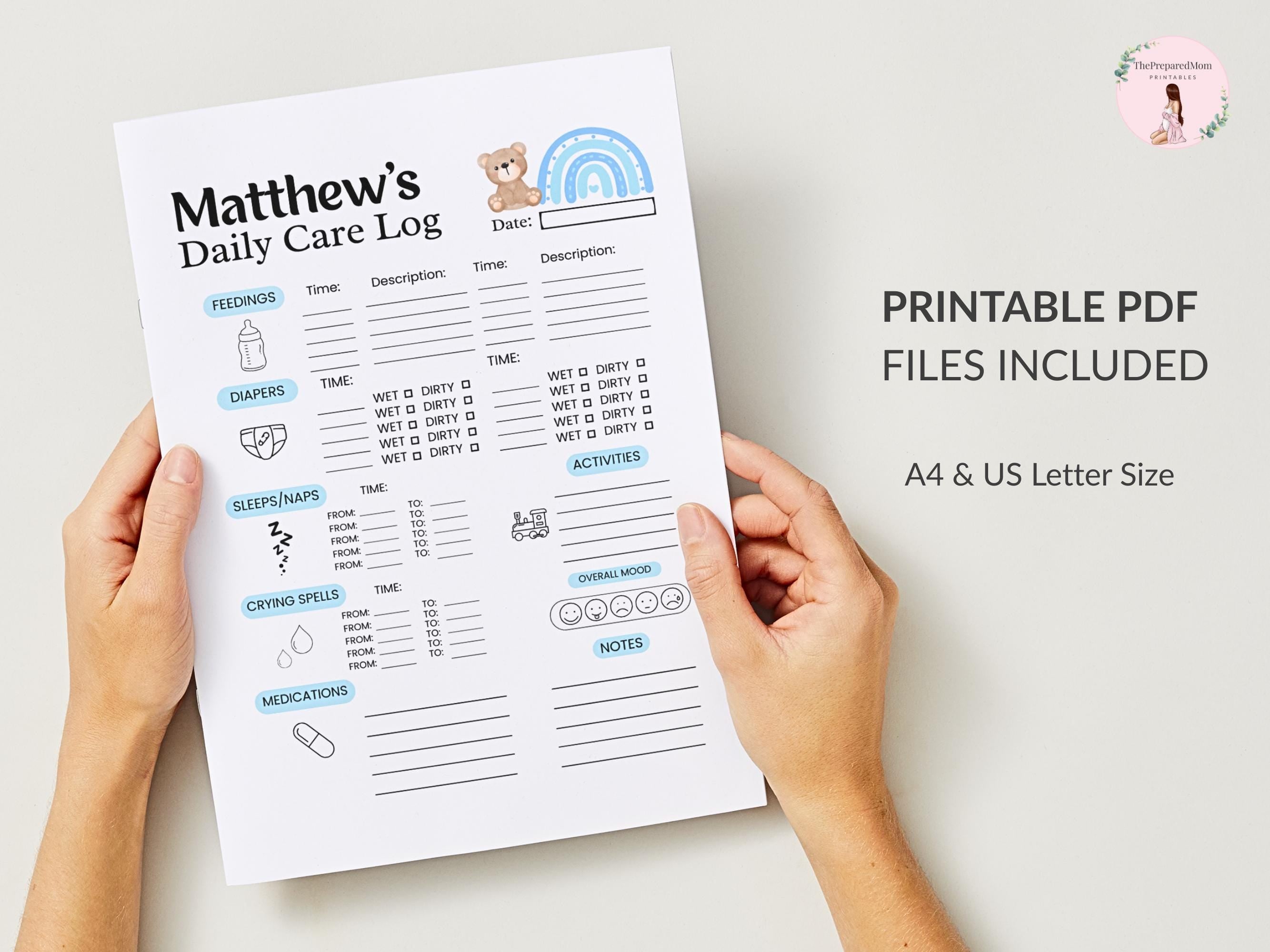 Baby boy Daily Log, Newborn Medication & feeding tracker, Diaper changing record, Baby sleep schedule, Activity log, Infant Daycare report