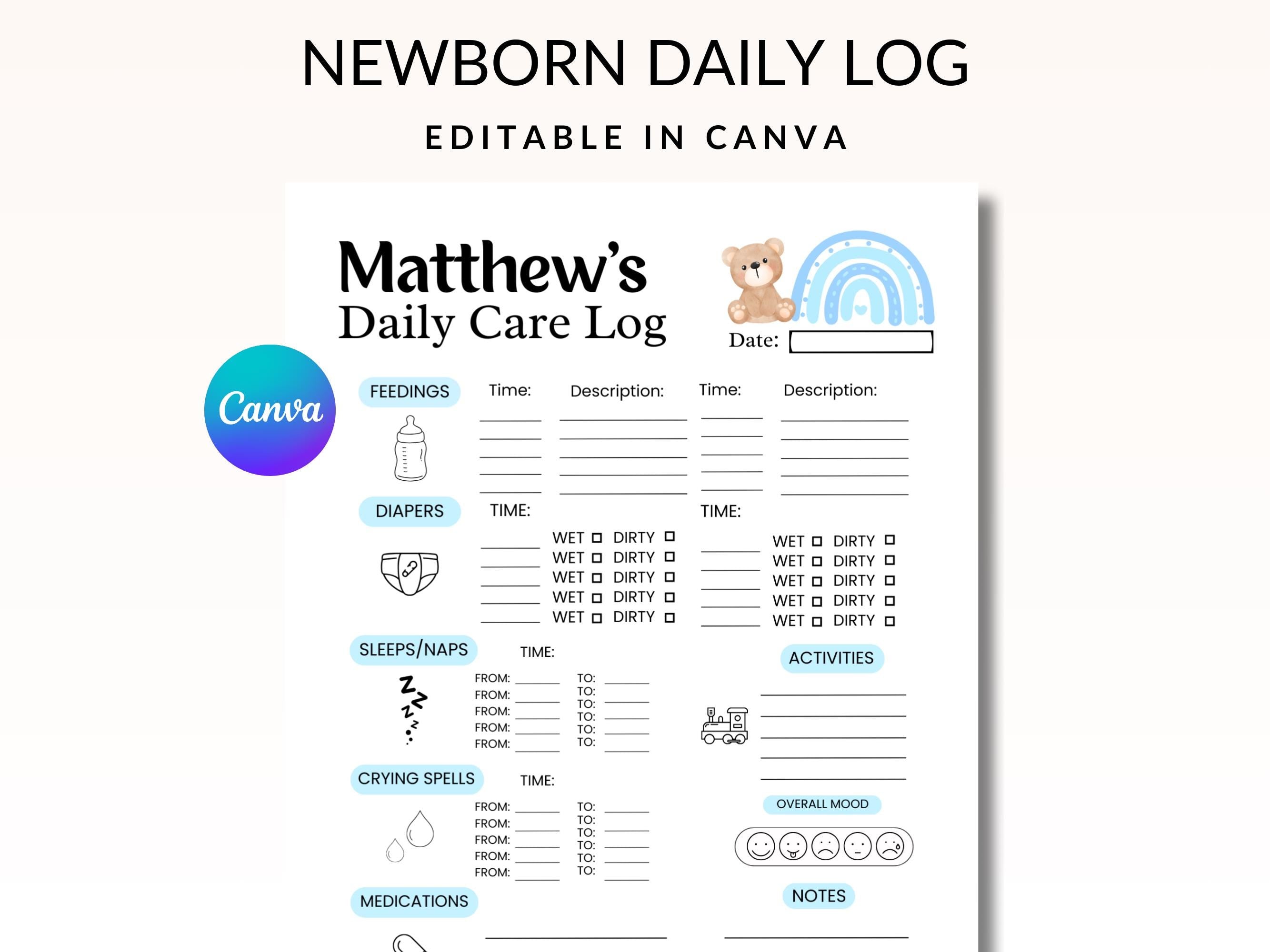 Baby boy Daily Log, Newborn Medication & feeding tracker, Diaper changing record, Baby sleep schedule, Activity log, Infant Daycare report