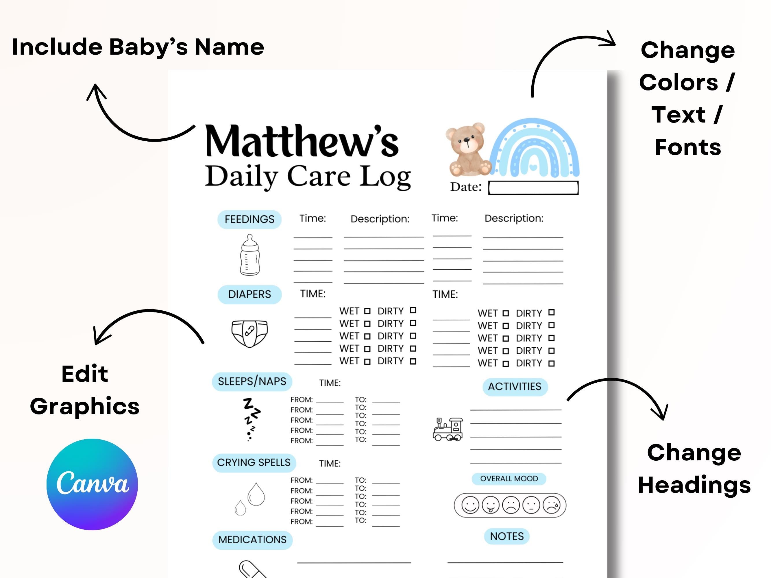Baby boy Daily Log, Newborn Medication & feeding tracker, Diaper changing record, Baby sleep schedule, Activity log, Infant Daycare report