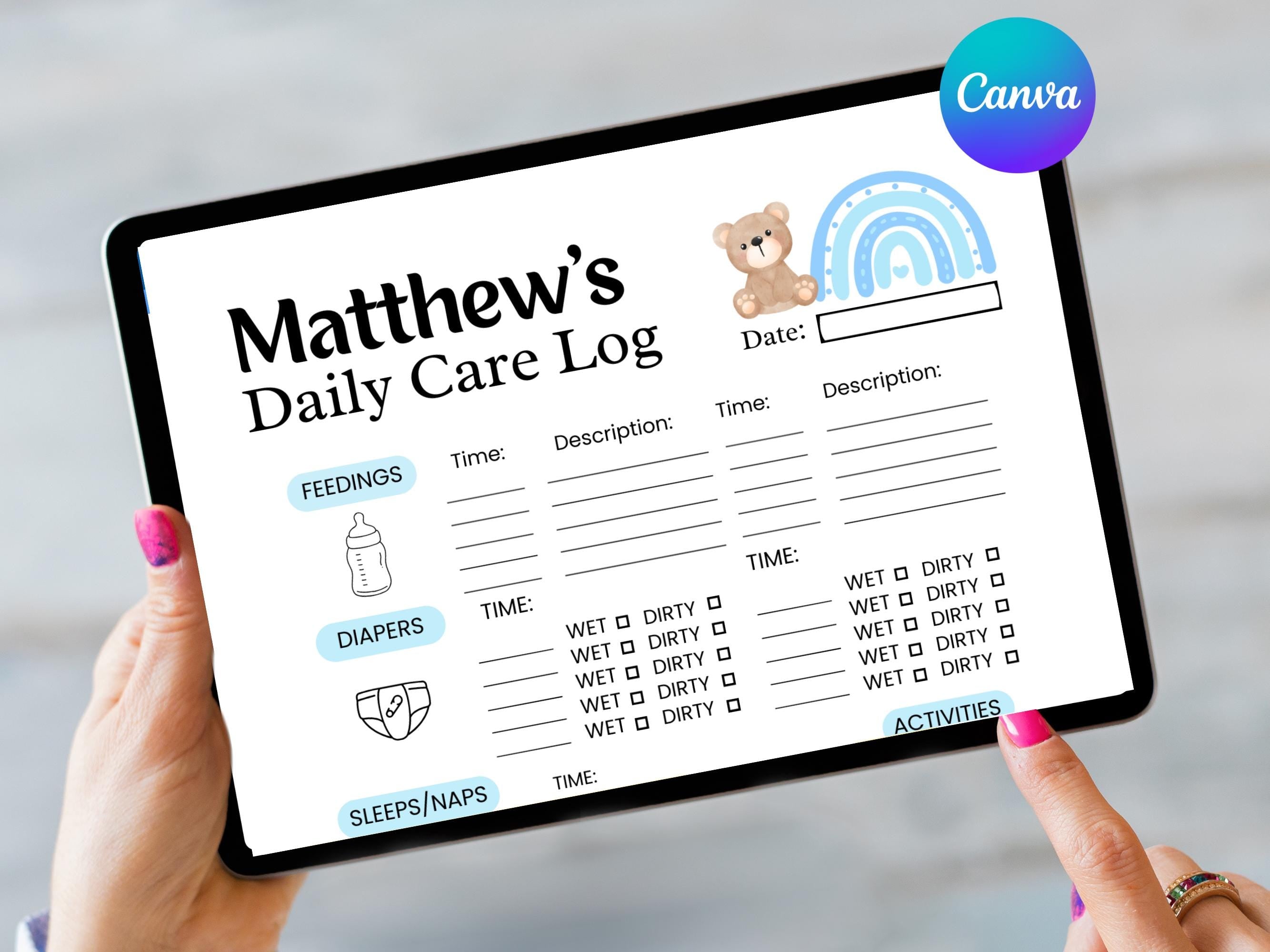 Baby boy Daily Log, Newborn Medication & feeding tracker, Diaper changing record, Baby sleep schedule, Activity log, Infant Daycare report