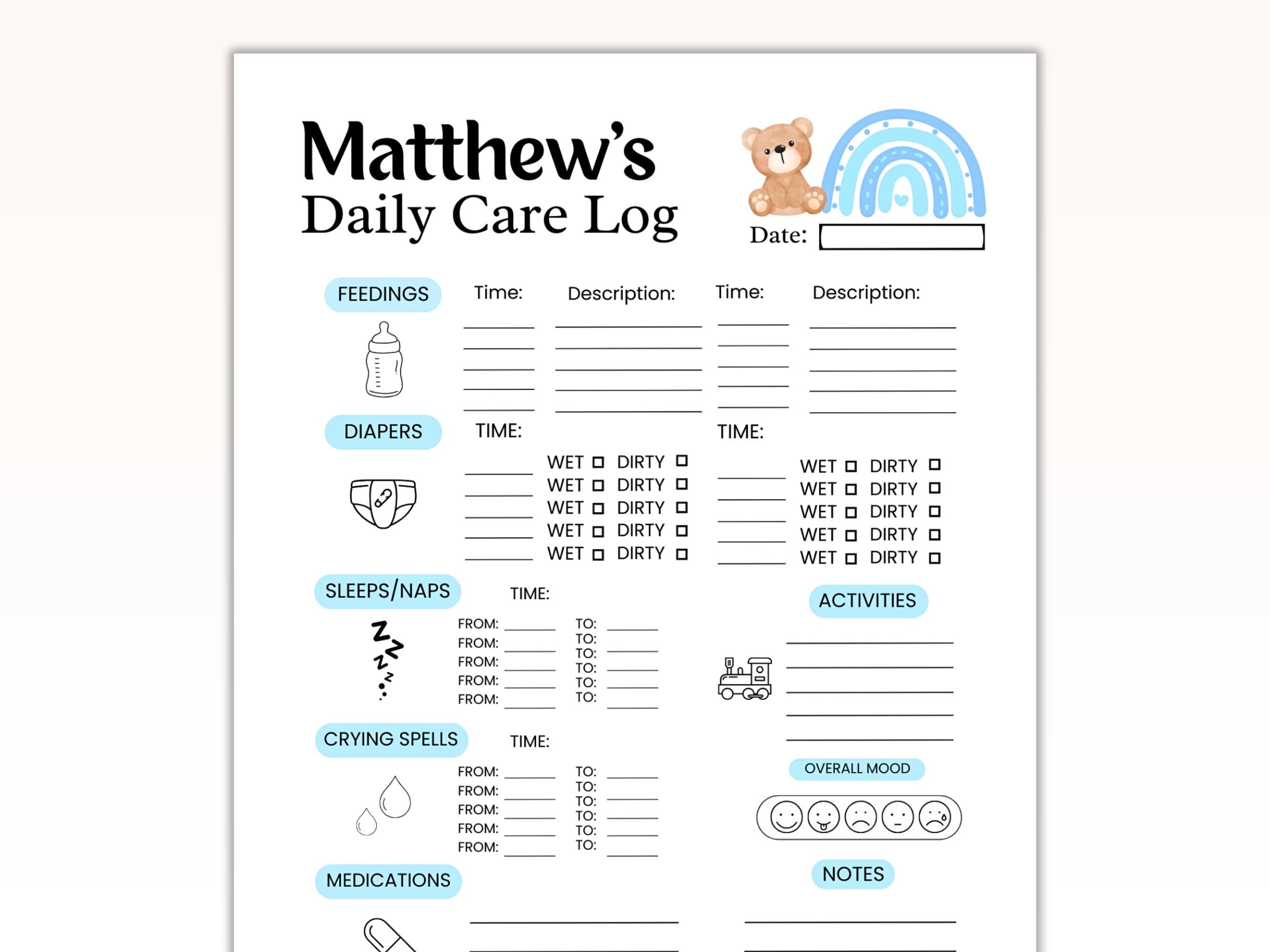 Baby boy Daily Log, Newborn Medication & feeding tracker, Diaper changing record, Baby sleep schedule, Activity log, Infant Daycare report