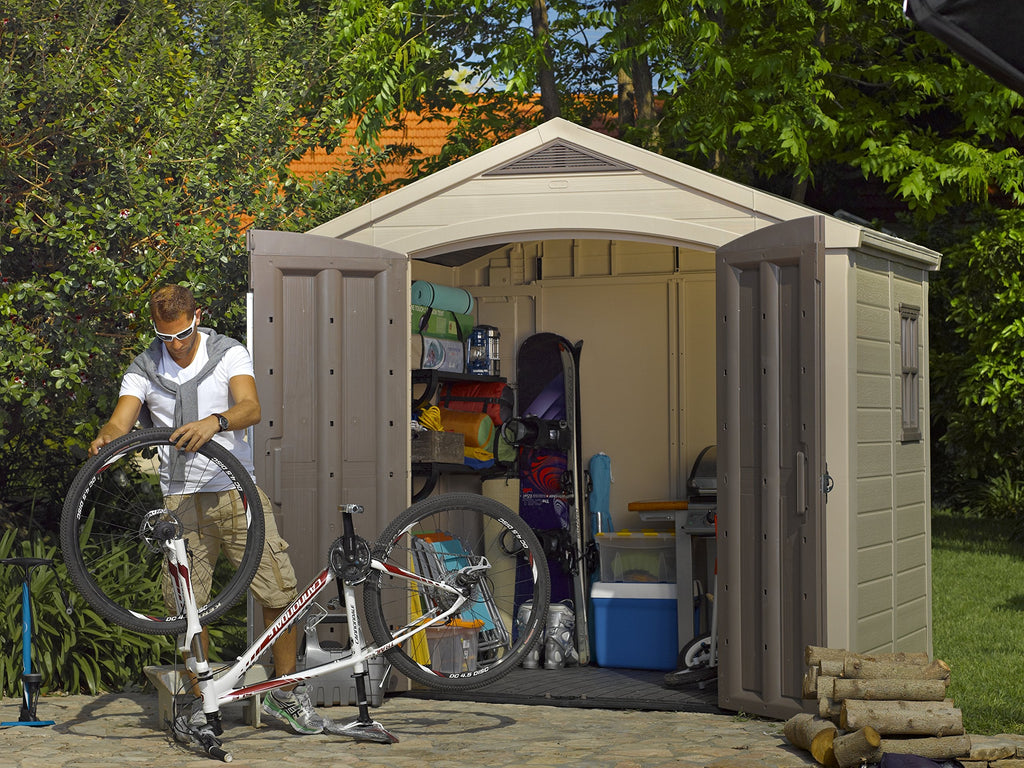Keter Factor (8x6 ft) Large Resin Outdoor Storage Shed for Patio Furniture, Lawn Mower, Garden Accessories Yard Tools, and Pool Toys, Taupe