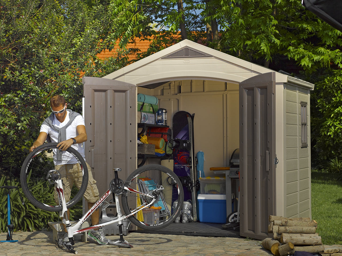 Keter Factor (8x6 ft) Large Resin Outdoor Storage Shed for Patio Furniture, Lawn Mower, Garden Accessories Yard Tools, and Pool Toys, Taupe