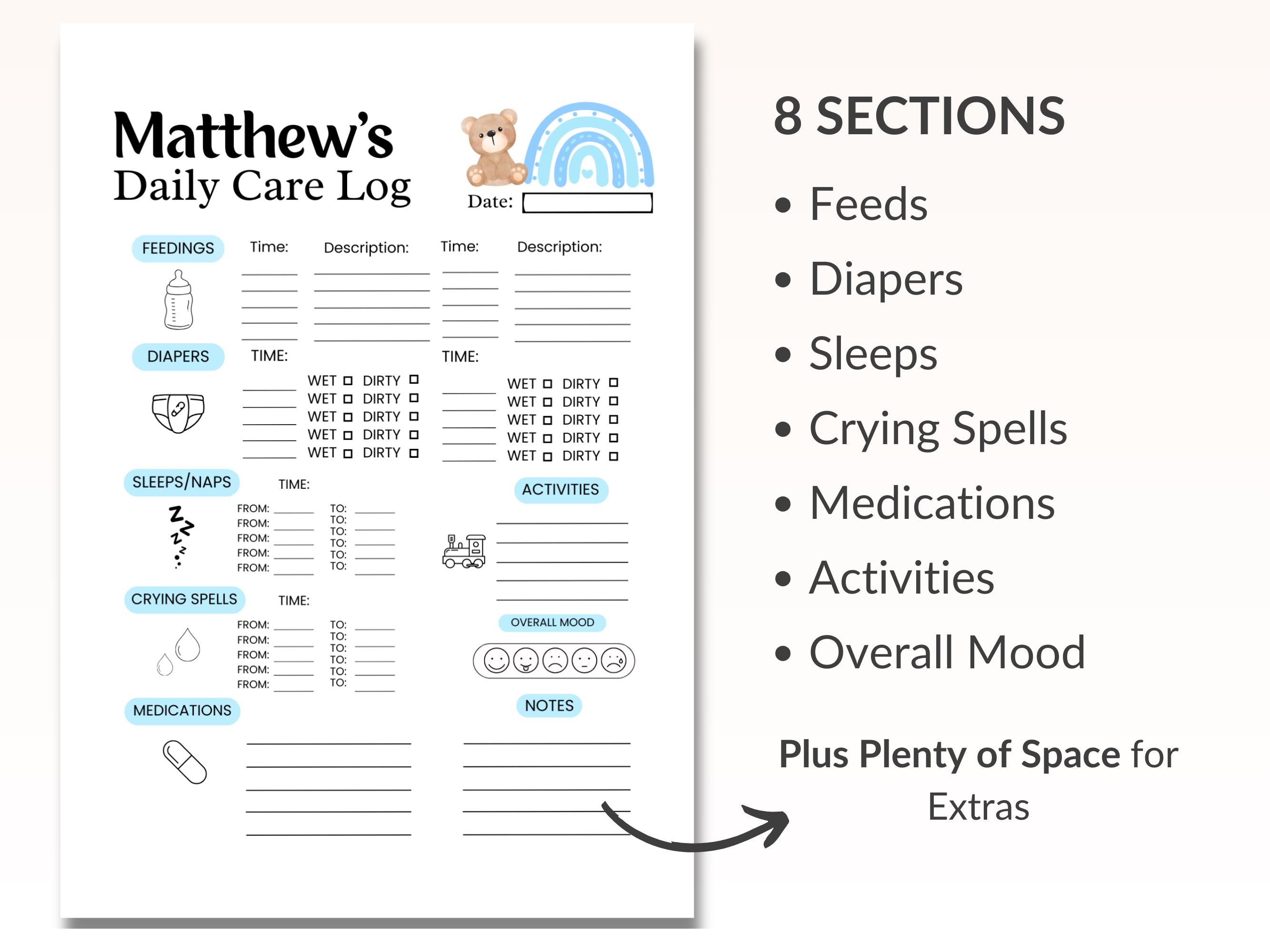 Baby boy Daily Log, Newborn Medication & feeding tracker, Diaper changing record, Baby sleep schedule, Activity log, Infant Daycare report