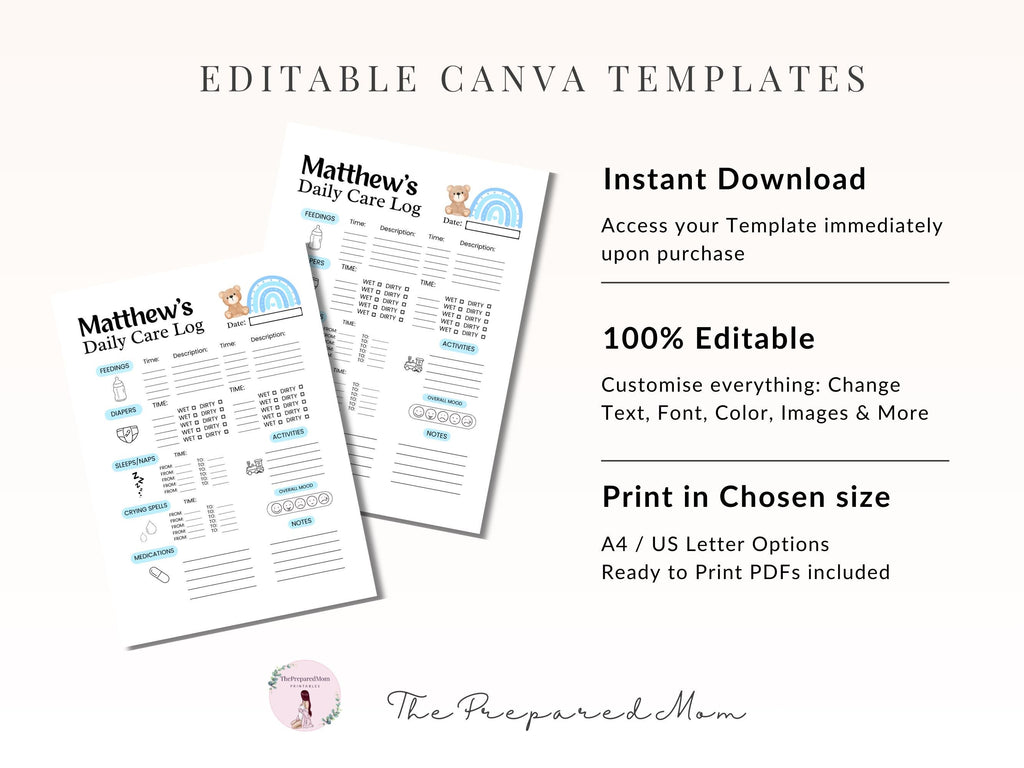 Baby boy Daily Log, Newborn Medication & feeding tracker, Diaper changing record, Baby sleep schedule, Activity log, Infant Daycare report