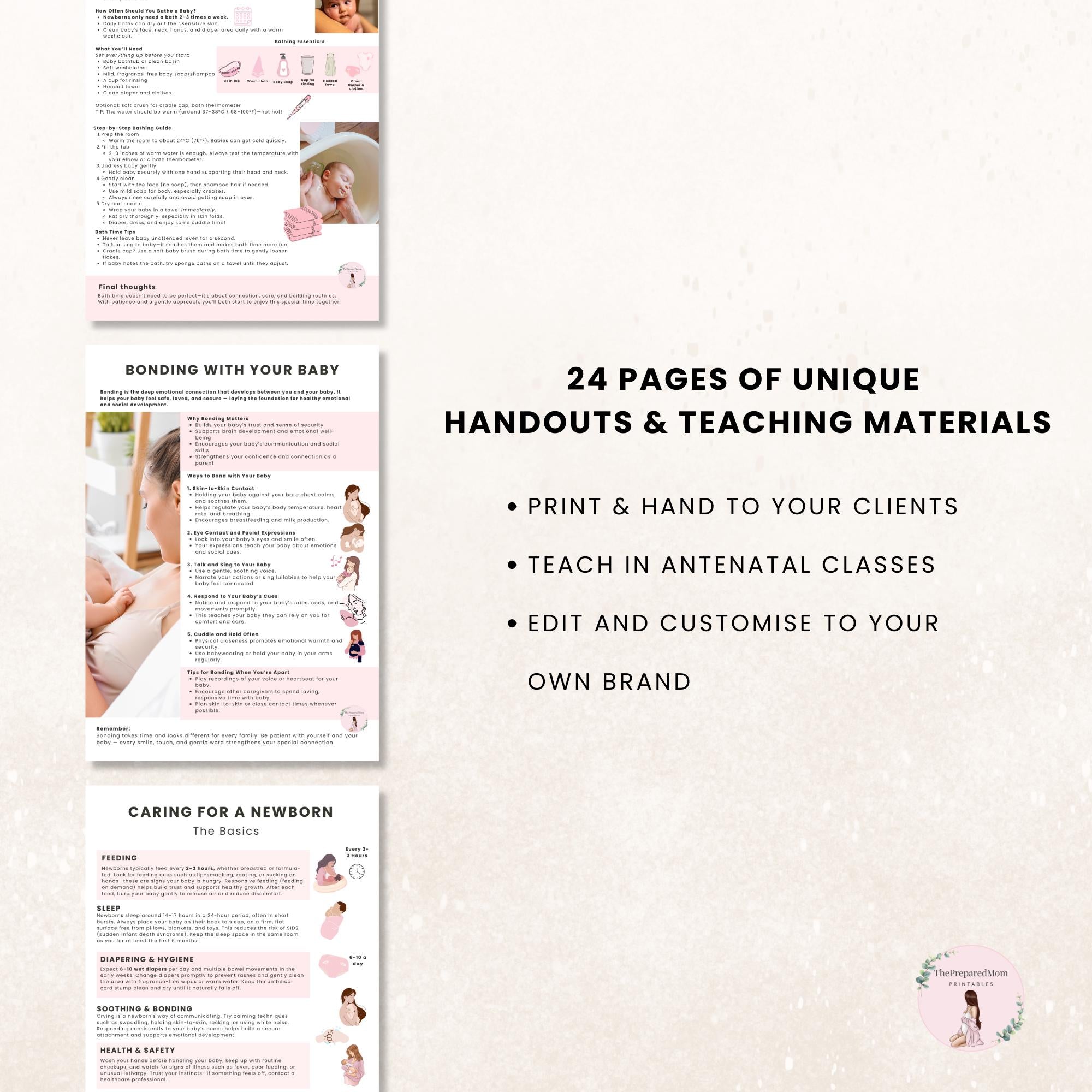 Newborn Care Guide, Newborn Care Training Manual, Editable Doula Handouts, Antenatal Class Teaching Materials, Postpartum Education Course