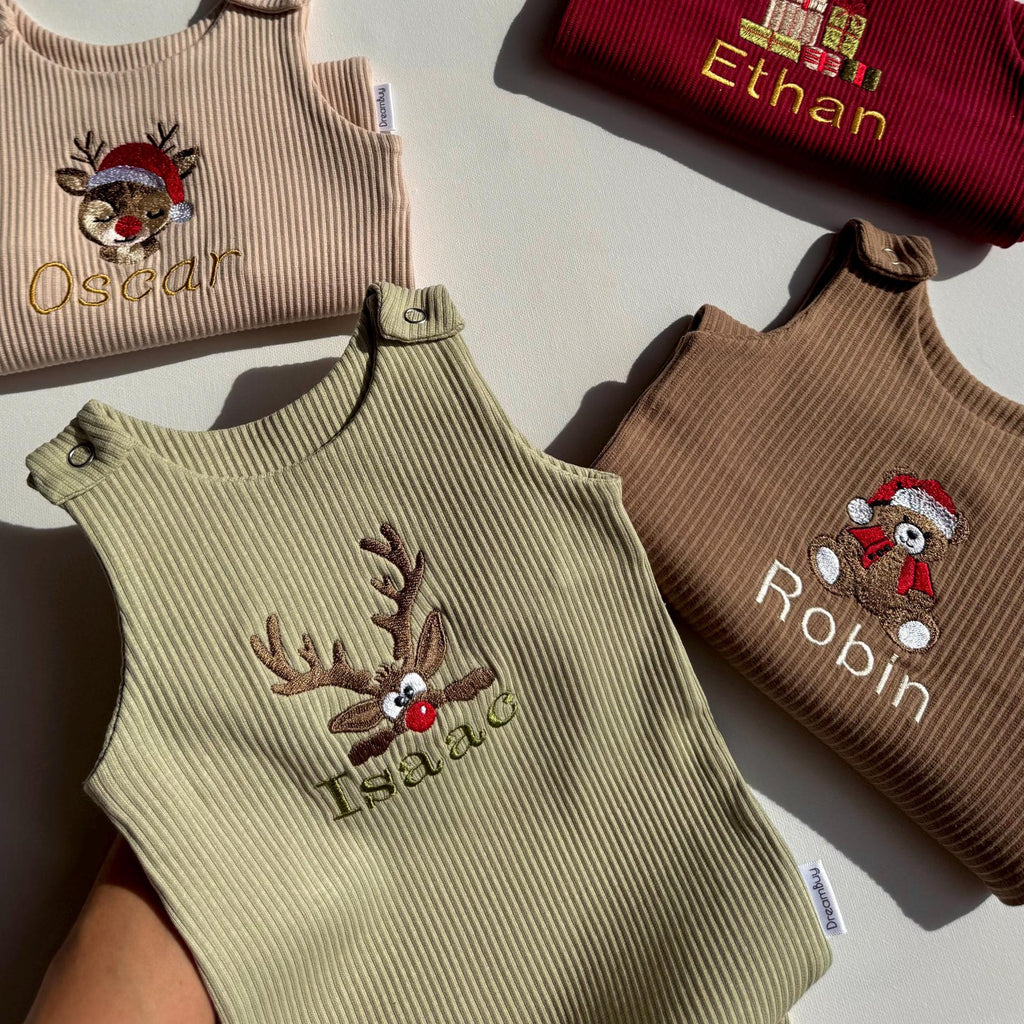Christmas Personalised Baby Gift Dungarees Romper First Birthday or Baby Announcement and Baby Shower Gift Name Christmas Personalized Gift