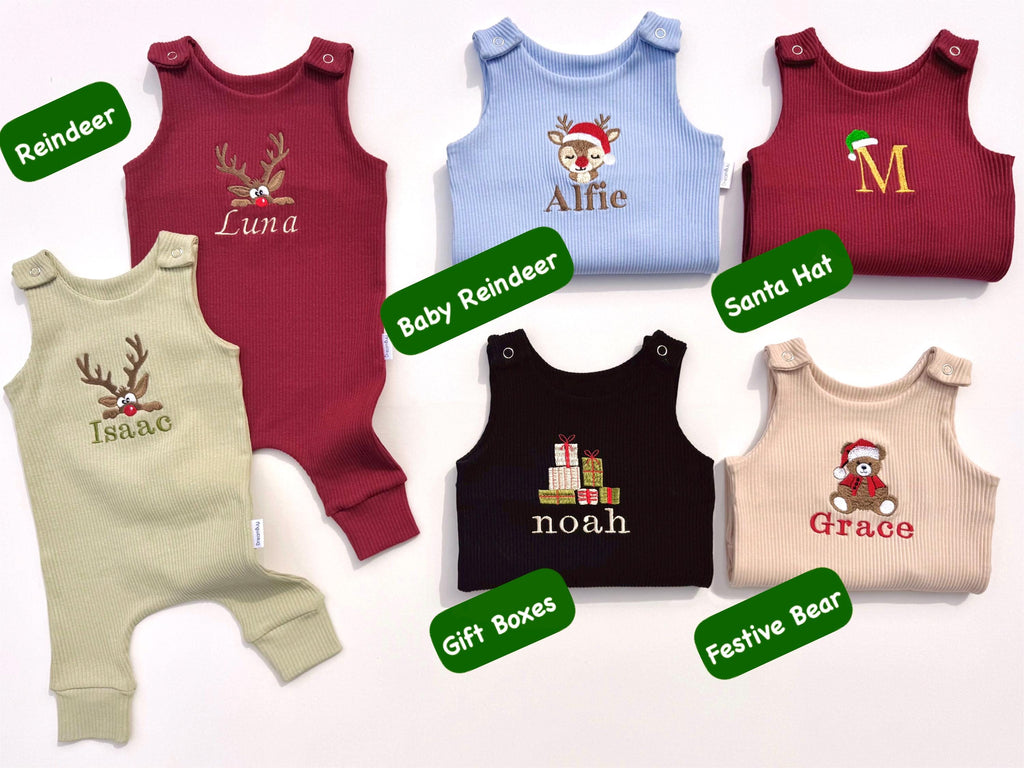 Christmas Personalised Baby Gift Dungarees Romper First Birthday or Baby Announcement and Baby Shower Gift Name Christmas Personalized Gift