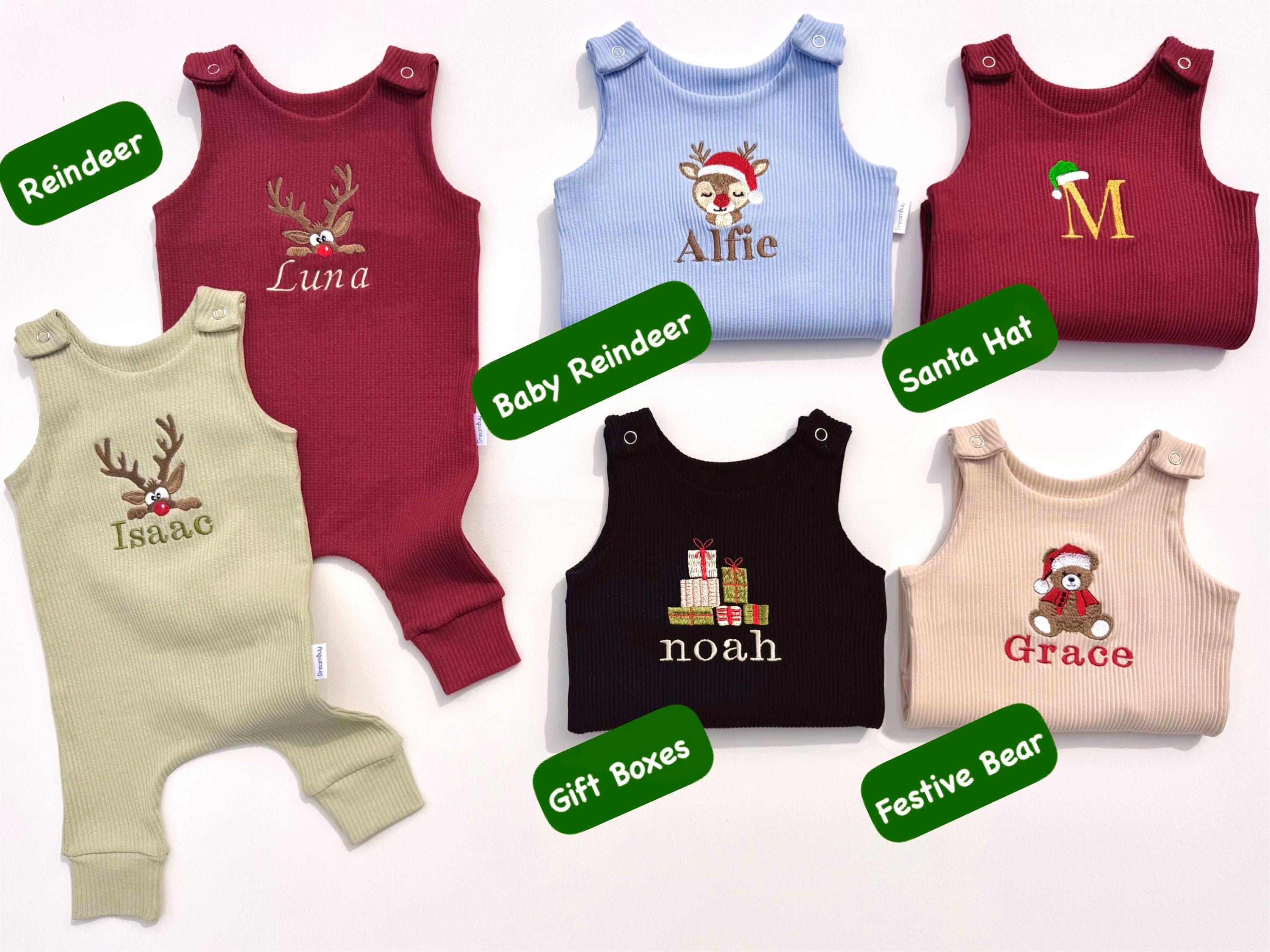 Christmas Personalised Baby Gift Dungarees Romper First Birthday or Baby Announcement and Baby Shower Gift Name Christmas Personalized Gift